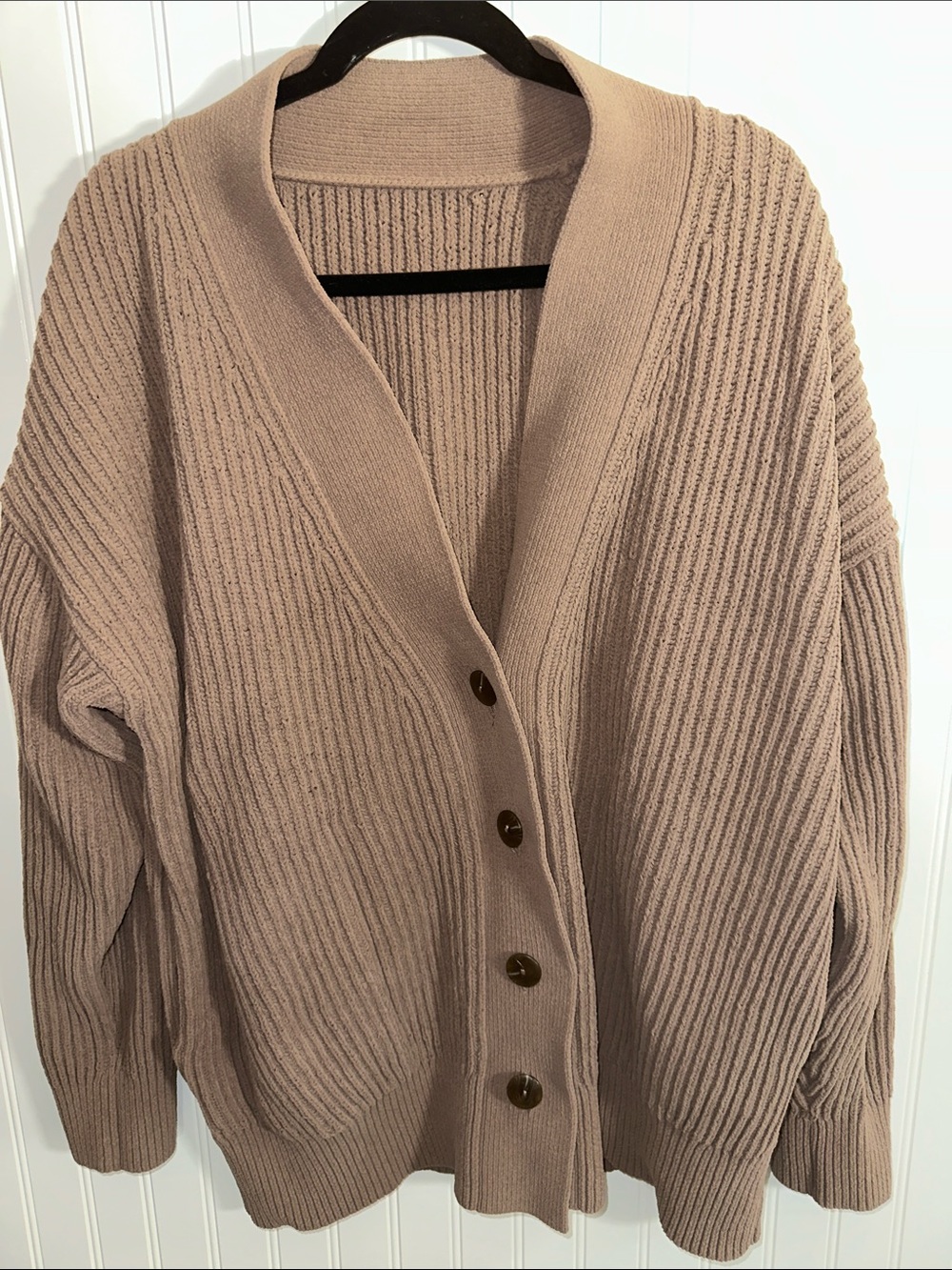 Lululemon Knit Button-Front Cardigan Taupe Oversized Ribbed Pocket Sweater S